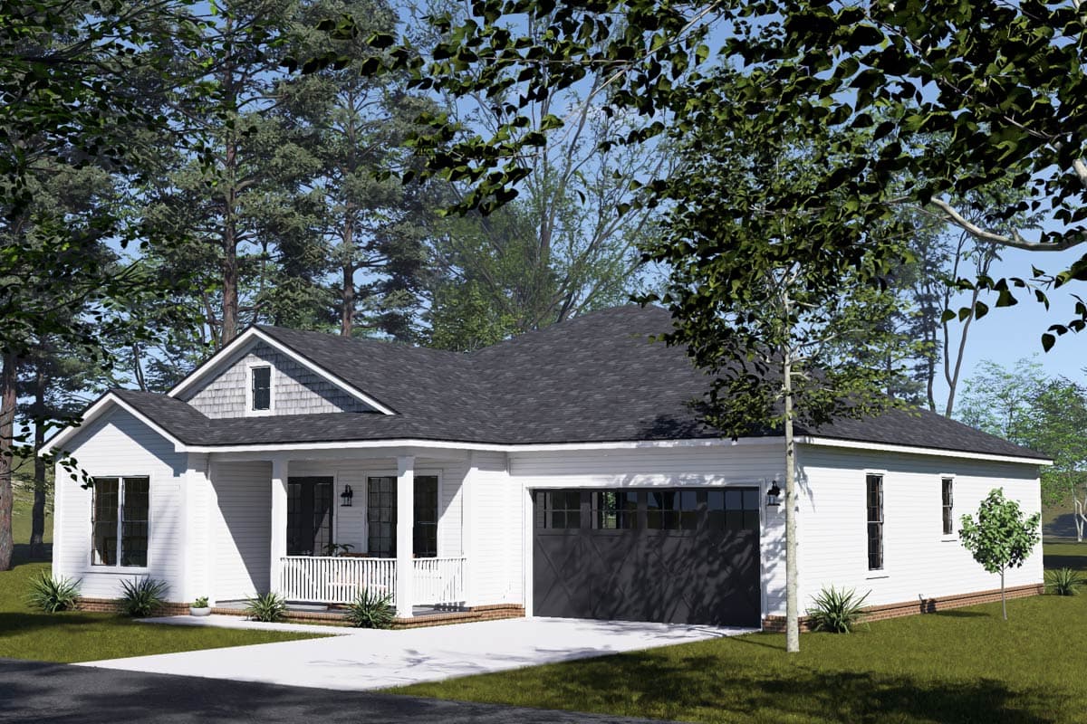 House plan exterior: One-story Modern Farmhouse with covered front porch, gable dormer, and attached two-car garage.