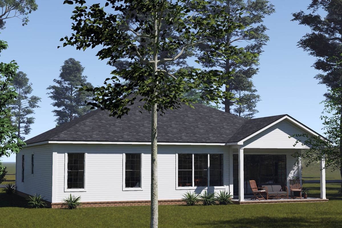 Ranch house plan exterior with gabled roof, white siding, multiple windows, and covered porch with seating.