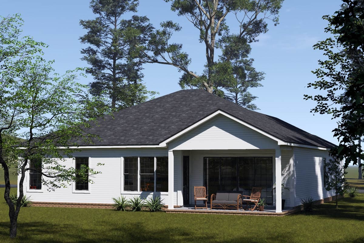 House plan exterior with covered porch, large sliding glass doors, and multiple windows.