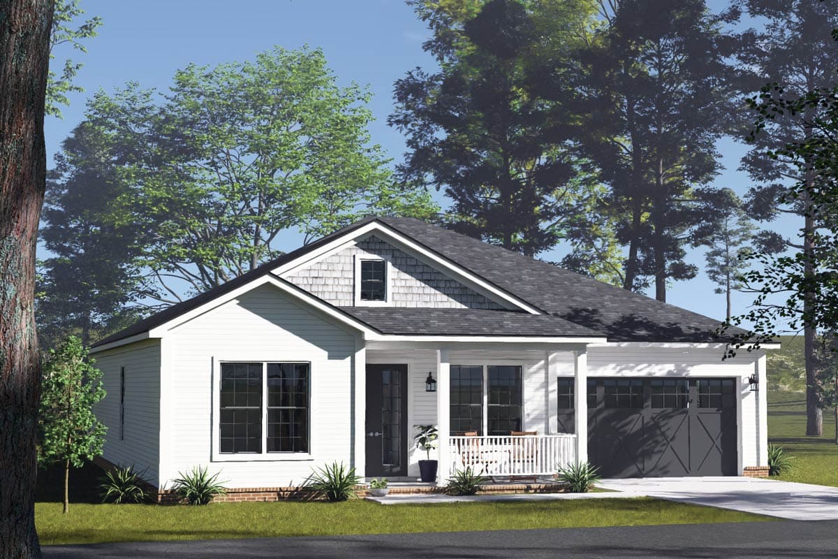 House plan exterior for a one-story Modern Farmhouse with a front porch, gables, and a two-car front-facing garage.