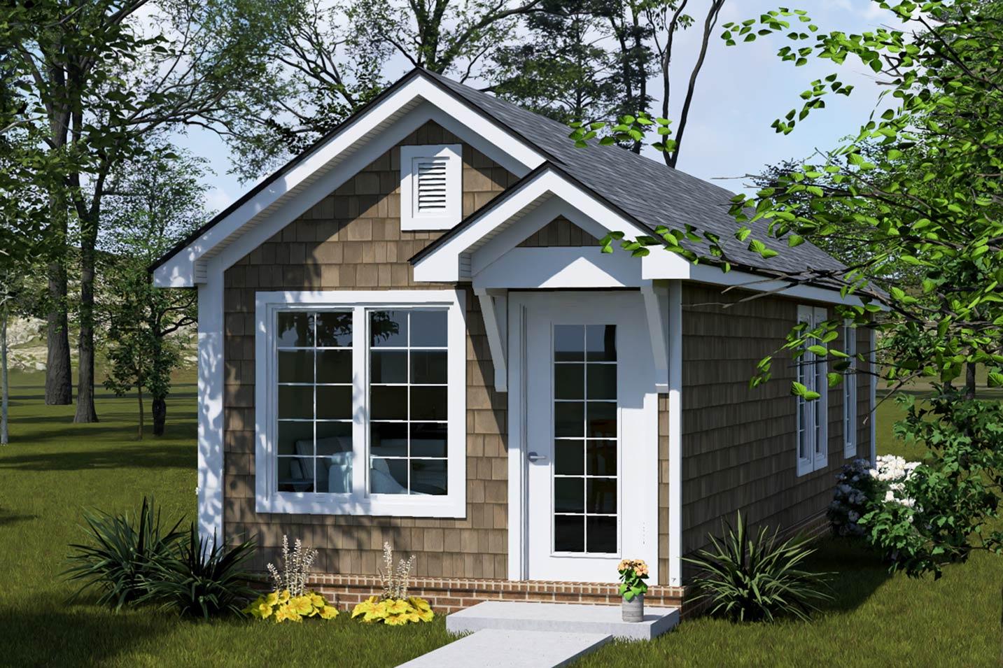 House plan exterior rendering of a one-story cottage with shingle siding, gabled roof, dormer, and a covered entrance.