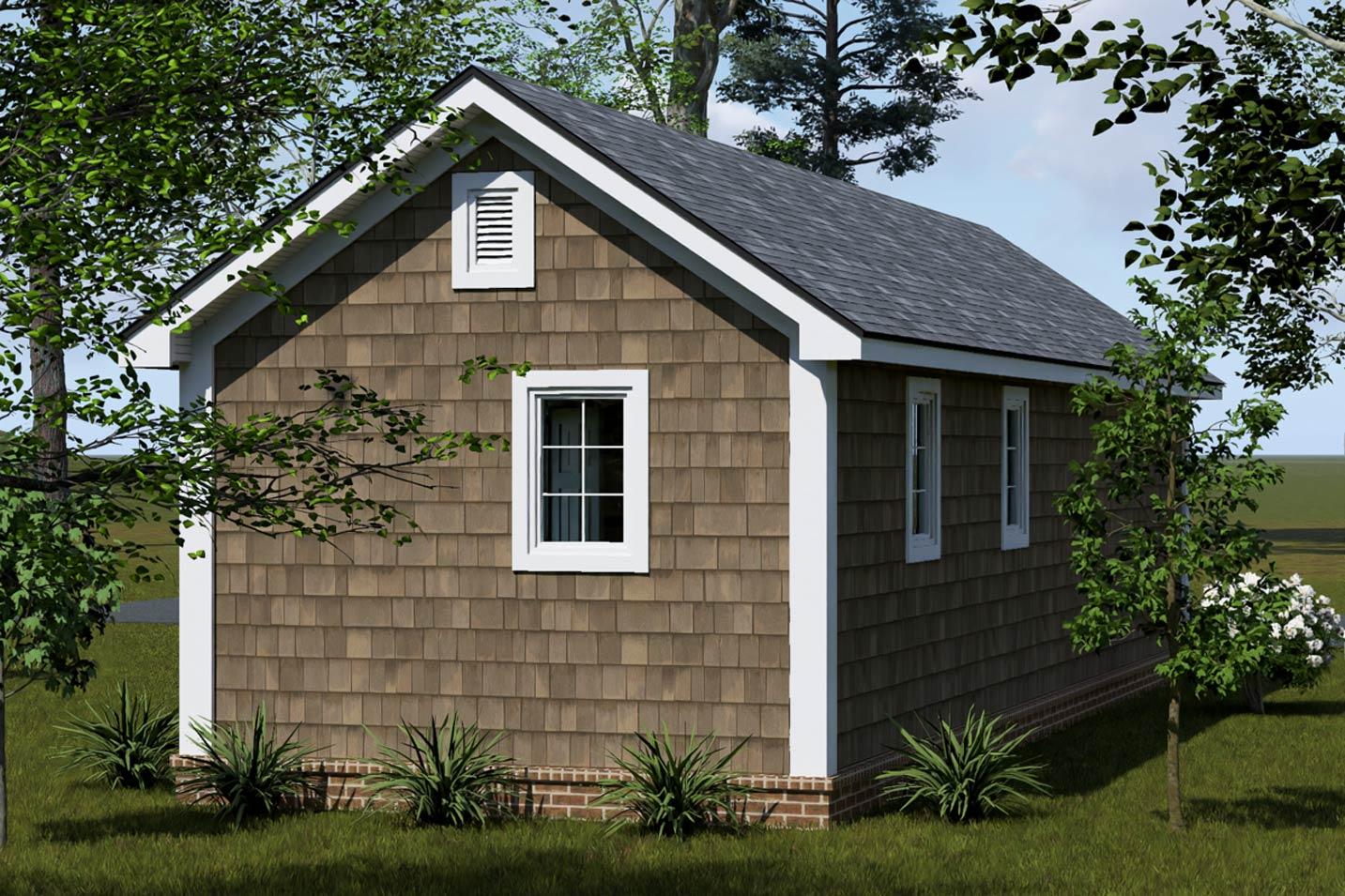 House plan exterior, one story, gabled roof, cedar shake siding, dormer vent, and white trim.