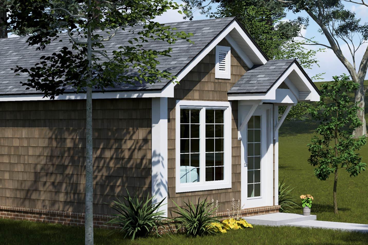 House plan exterior, one story, featuring shake siding, gable roof with dormer, and a covered entry porch.