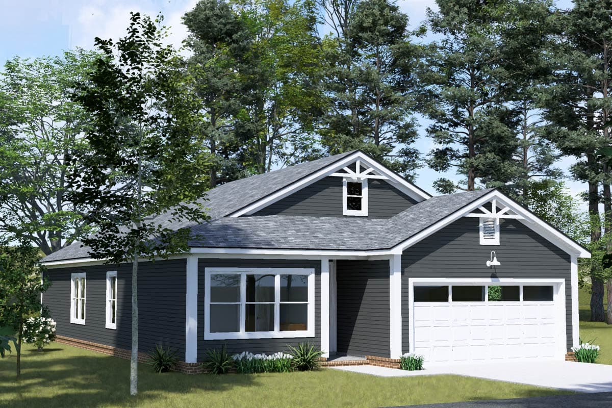 Modern Farmhouse house plan exterior with a single-story structure, a side-entry garage, and decorative gable details.