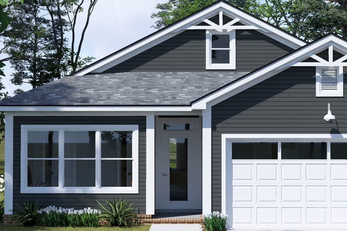 House plan exterior: Dark gray siding, white trim, gable dormers with decorative brackets, three-panel front door, and two-panel garage door.