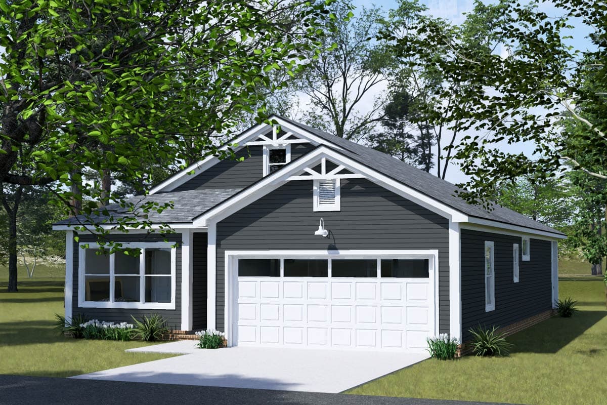 House plan exterior: Ranch style, single story, with a front-facing garage, gables with decorative trusses, and a front window.