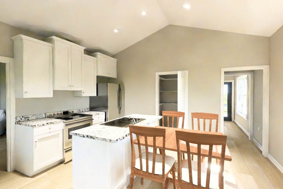 Open-concept kitchen with white cabinets, granite countertops, stainless steel appliances, island, and dining area. Vaulted ceiling.