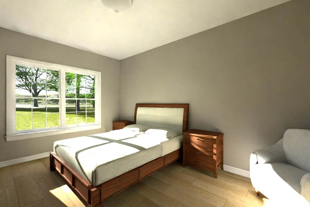 Interior rendering of a bedroom with a wooden bed, nightstands, and a large window overlooking a yard.