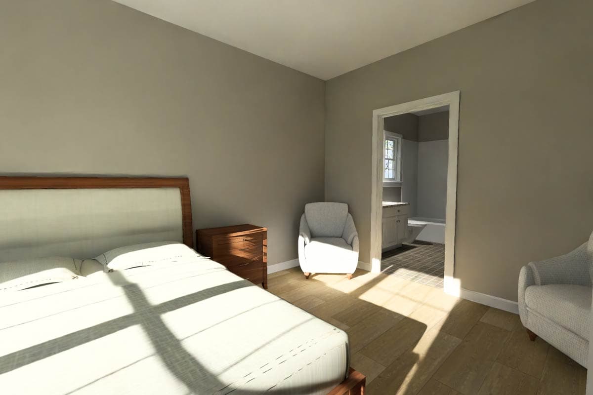 Bedroom rendering with bed, nightstand, and chairs. Doorway reveals adjoining bathroom with tub and vanity.