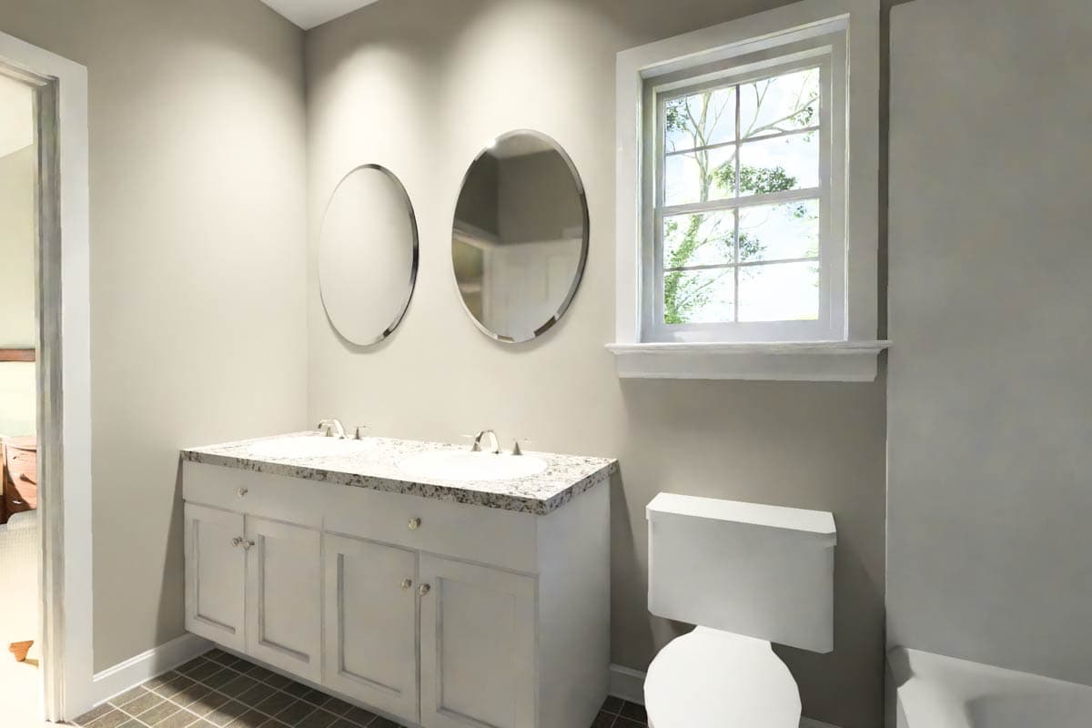 Bathroom interior rendering with double vanity, two round mirrors, toilet, and window with view of trees.