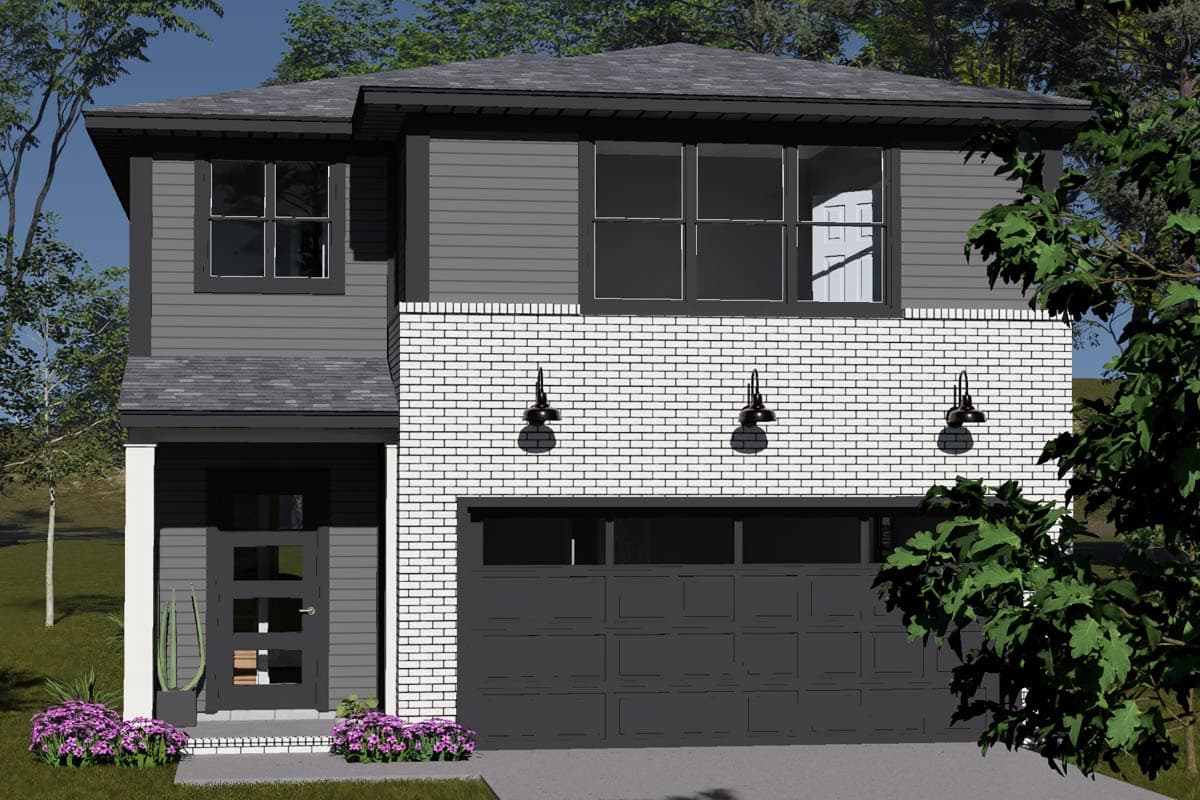 Two-story modern house plan exterior with white brick base, dark siding, glass door, and attached garage.