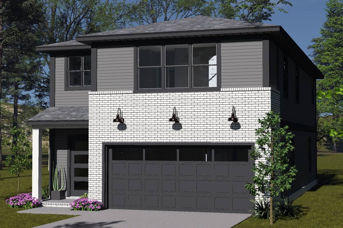 Two-story house plan exterior with white brick facade, dark gray siding, large windows, and attached garage.