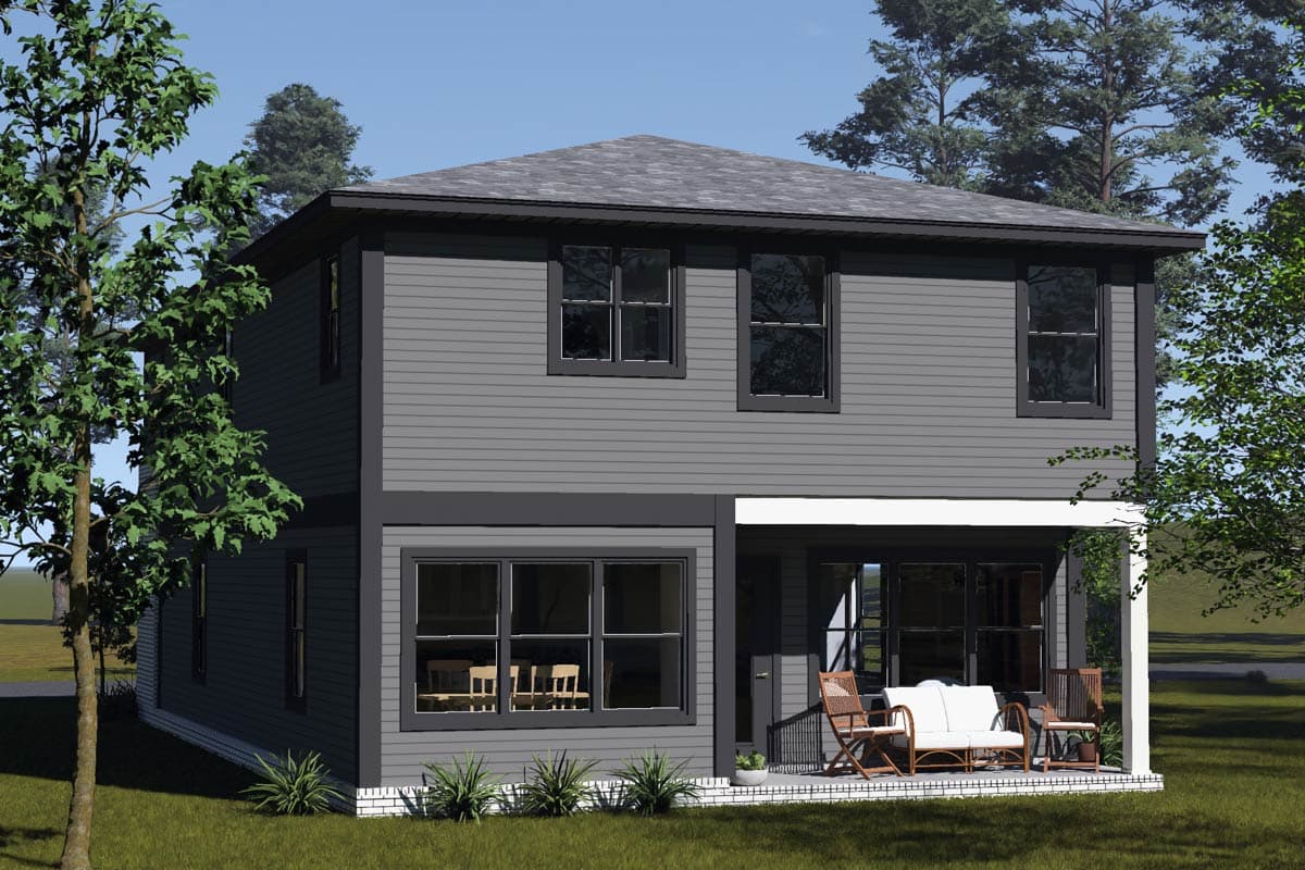 Two-story house plan exterior with a covered porch, multiple windows, and gray siding.