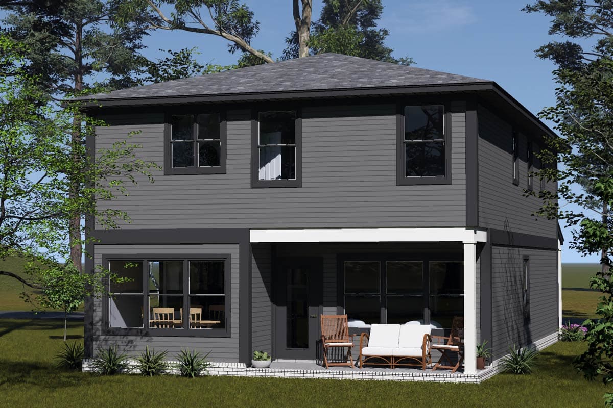 Two-story house plan exterior with lap siding, multiple gable rooflines, and a covered porch with seating.