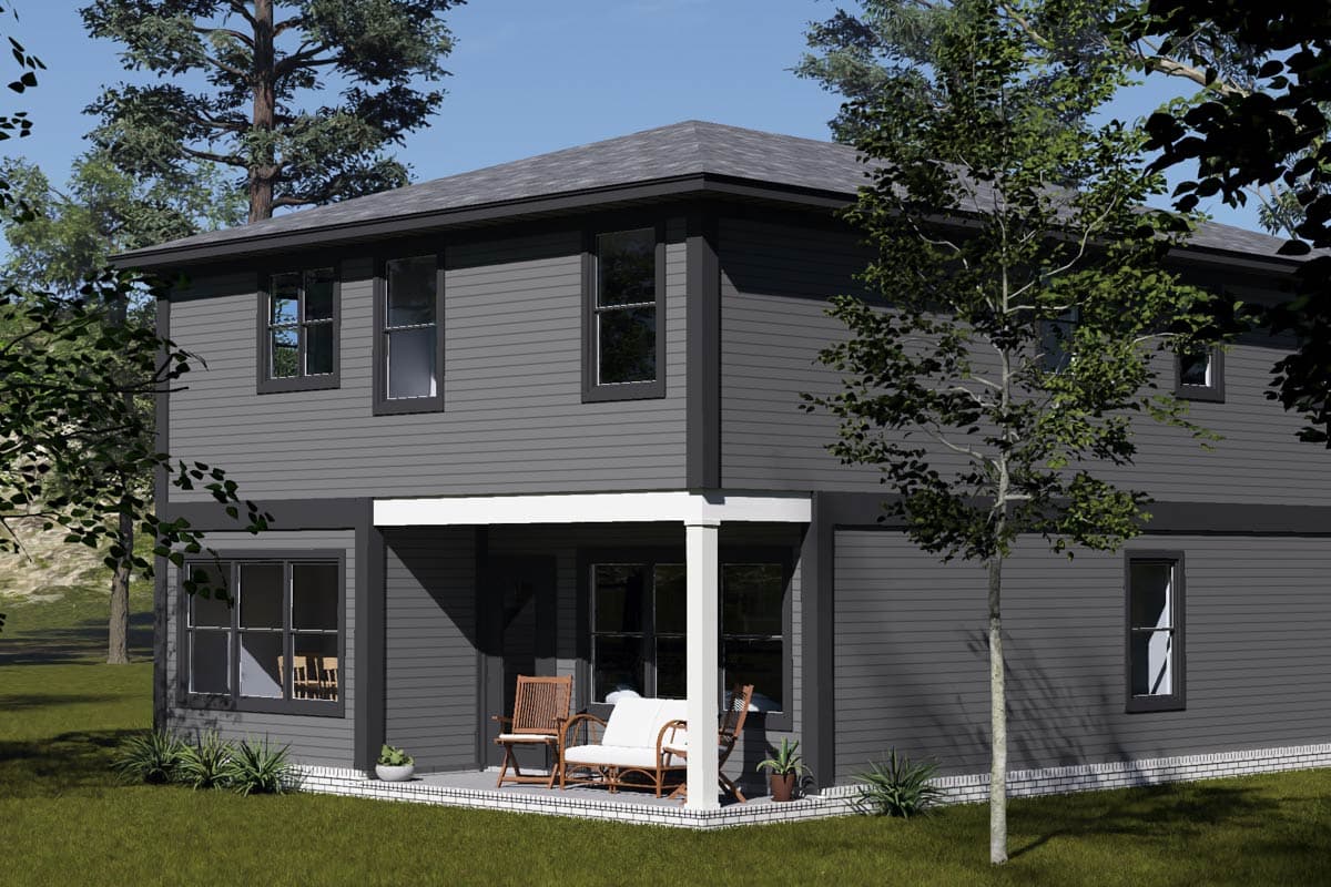 House plan exterior: Two-story modern home with a covered front porch, dark siding, and multiple gables.