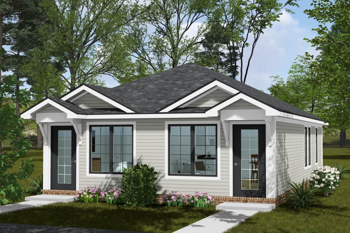 House plan exterior: Single-story dwelling with dual gables, two front doors, and large grid windows.