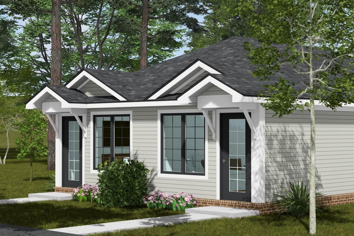 House plan exterior, single story, with gable dormers, dual entry doors, and large grid windows.