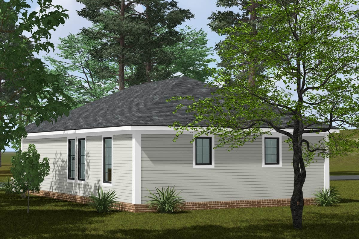 Ranch-style house plan exterior with horizontal siding, a hip roof, and several rectangular windows.
