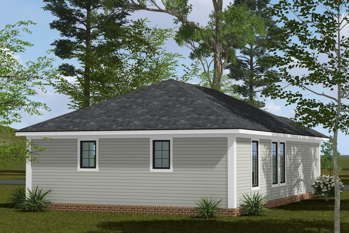 House plan exterior: One-story contemporary style with a hip roof, horizontal siding, and multiple windows.
