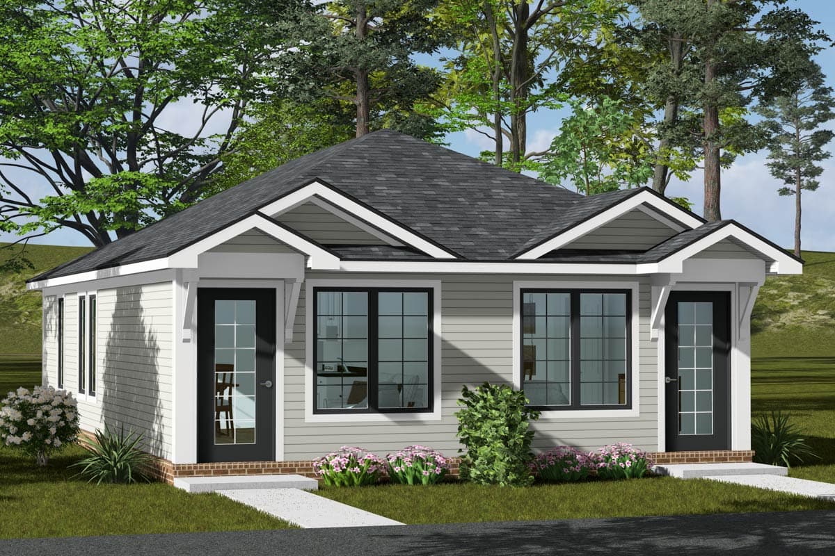 House plan exterior: One-story modern home with dual gables, light gray siding, and two symmetrical front doors.