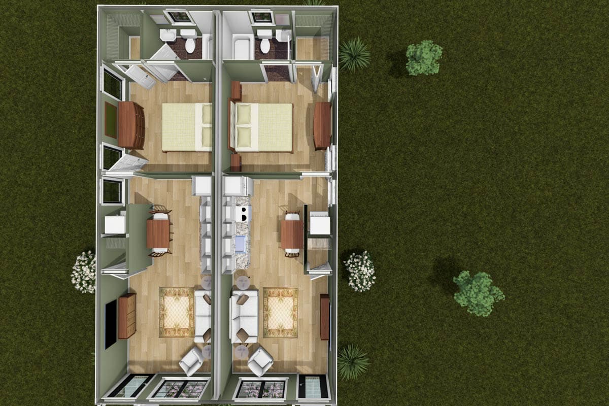 Plan 52535WM: Cottage Ranch Duplex House Plan with Two 1 Bed Units - Image #10 - Cottage, Ranch, Traditional