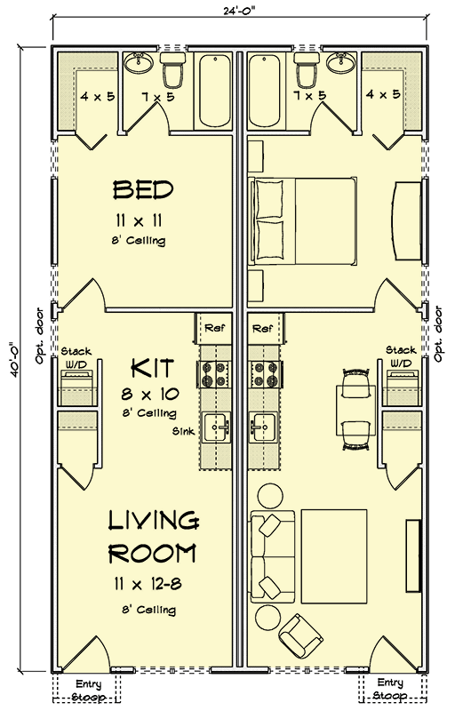 Plan 52535WM: Cottage Ranch Duplex House Plan with Two 1 Bed Units - Floor Plan - Main Level - Cottage, Ranch, Traditional