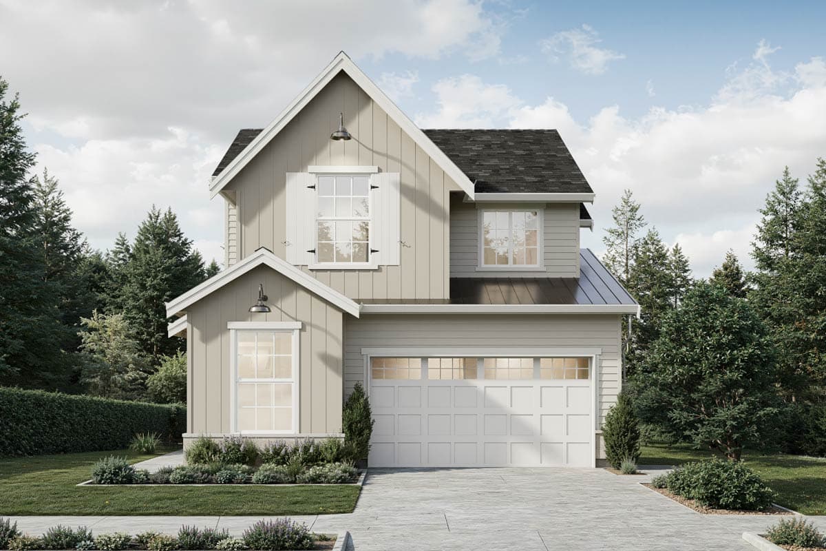 House plan exterior. Two-story Modern Farmhouse with gabled roof, two dormers, and attached garage. Includes white trim and black roof.