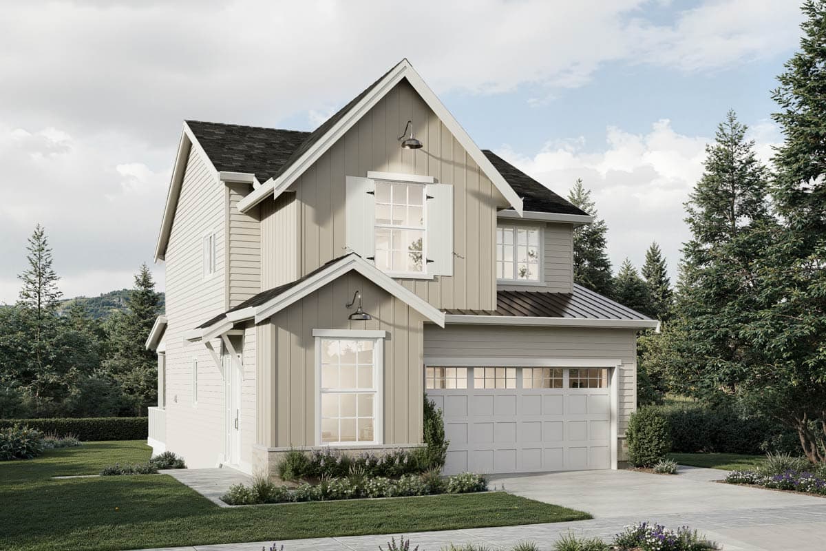 House plan exterior featuring a two-story farmhouse style with gabled rooflines, a garage, and board-and-batten siding.