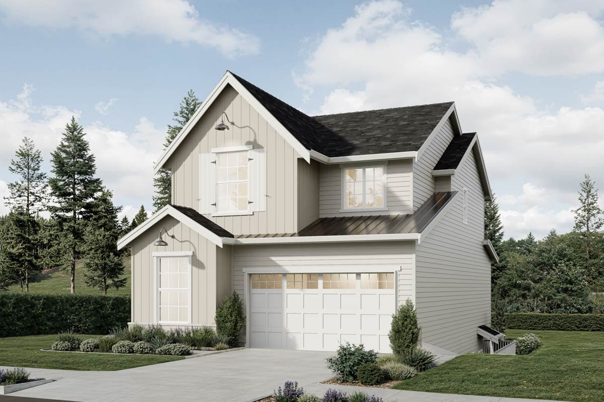 House plan exterior. Two-story Modern Farmhouse with gabled roof, two dormers, and attached garage. Exterior features siding and decorative shutters.