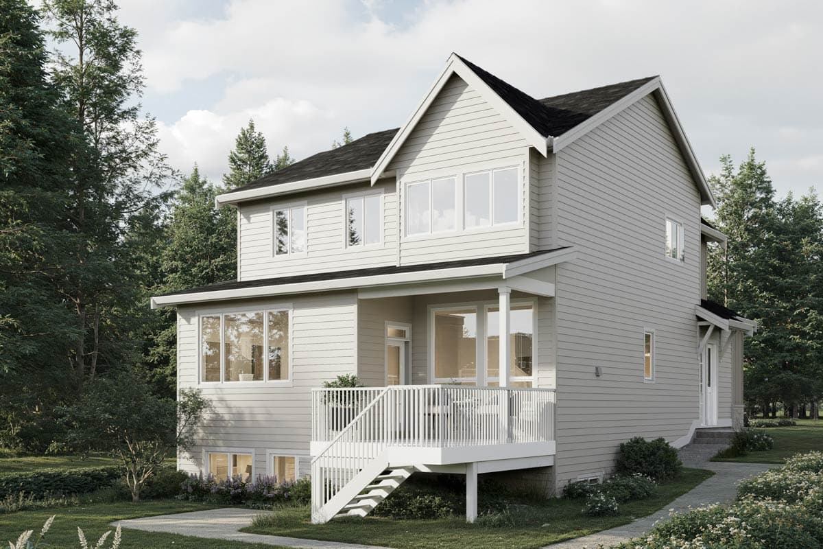 House plan exterior. Two-story house with gabled roof, covered porch, and horizontal siding. Features include multiple windows and a raised deck.