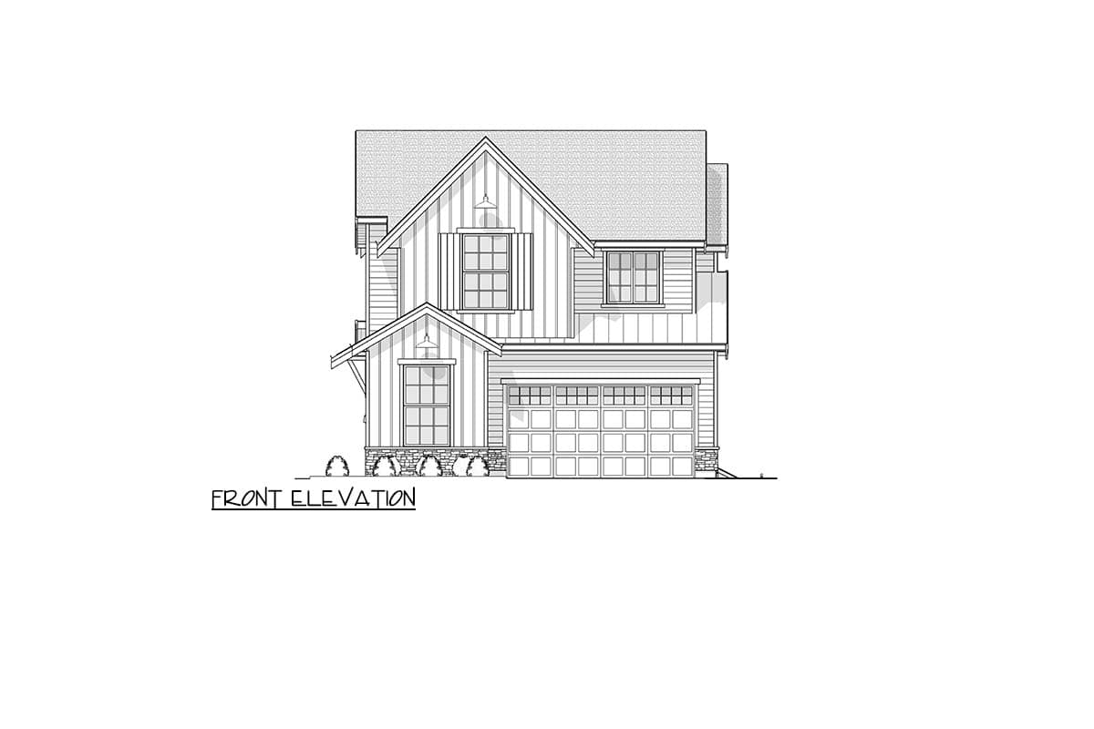 House plan exterior. Two-story, farmhouse-style home with gabled roof, dormers, and attached garage. Front porch detail.
