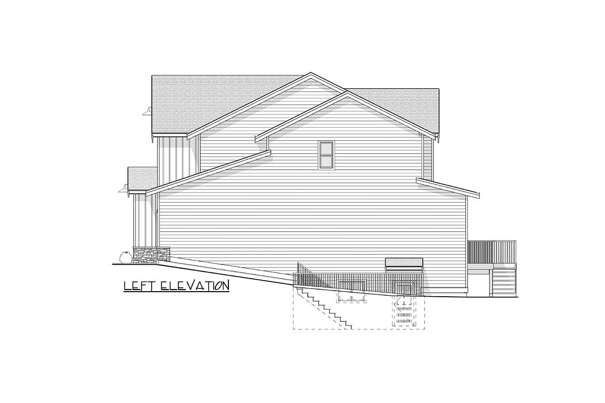 Left elevation drawing of a two-story house plan. Features include gabled roof, side entry, and a deck with railings and stairs.