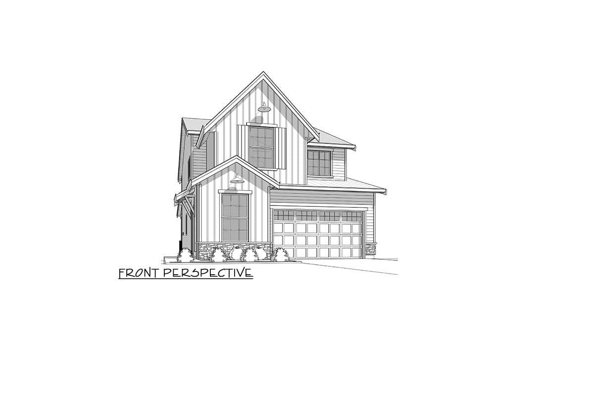 Two-story Modern Farmhouse exterior house plan with gables, a garage, and board-and-batten siding.