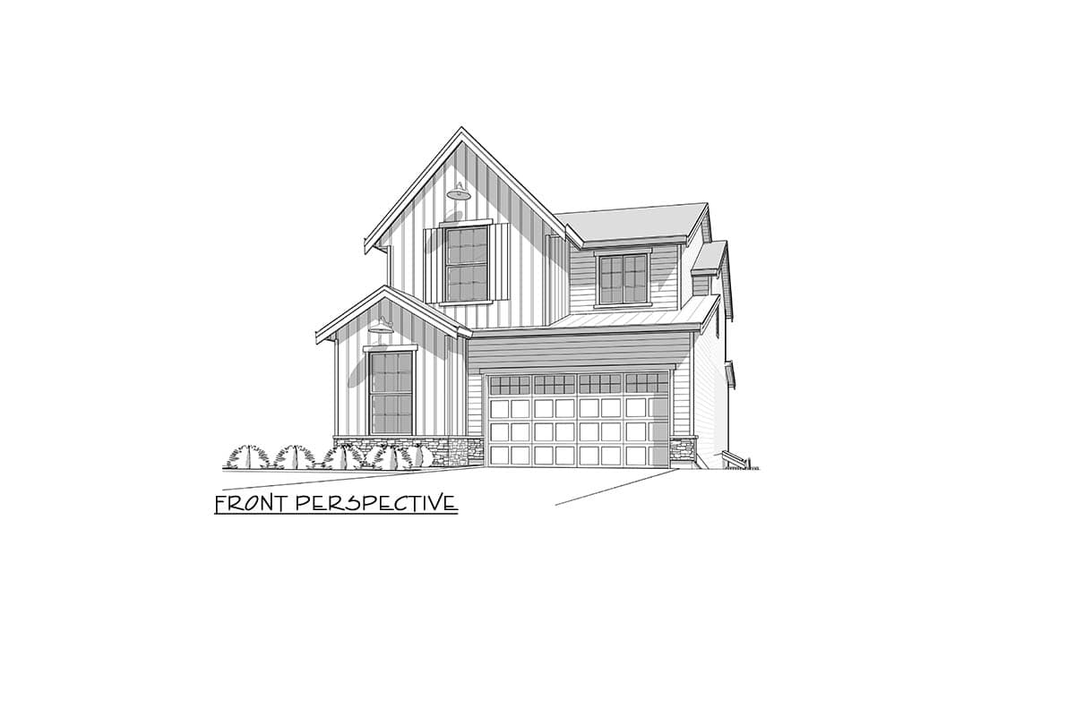 House plan exterior rendering. Two-story Modern Farmhouse with gable roof, dormer, and attached garage. Stone facade detail.