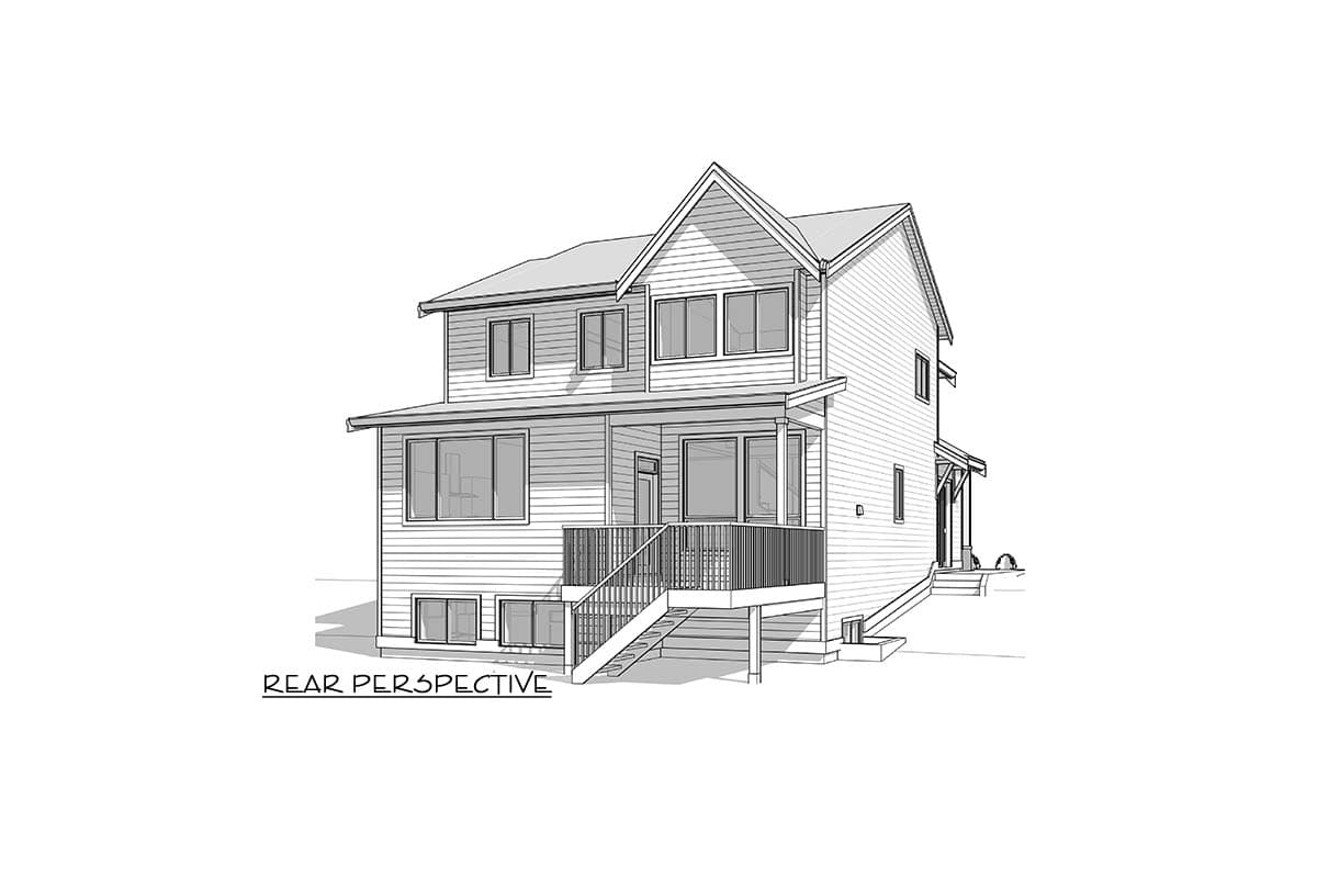 House plan exterior with two stories. Features include a front porch with stairs, gabled roof, and multiple windows.