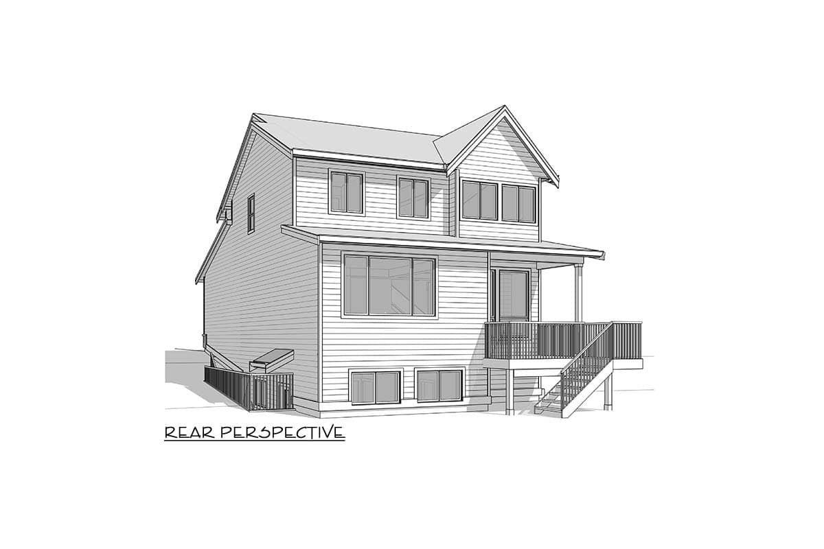 House plan exterior with two stories, gabled roof, covered porch, and rear deck with stairs. Horizontal siding and multiple windows.