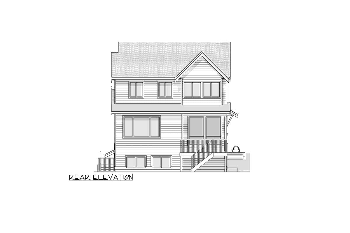 House plan rear elevation. Two-story design with gabled roof, multiple windows, and a porch with stairs. Features include siding and railings.