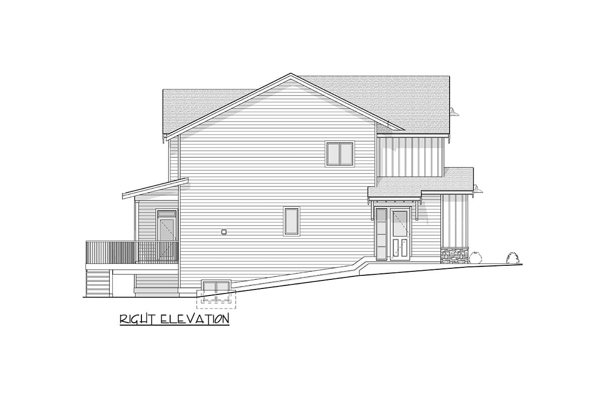 House plan exterior. Two-story with gabled roof, covered entry porch, and deck. Right elevation drawing of the home's side profile.