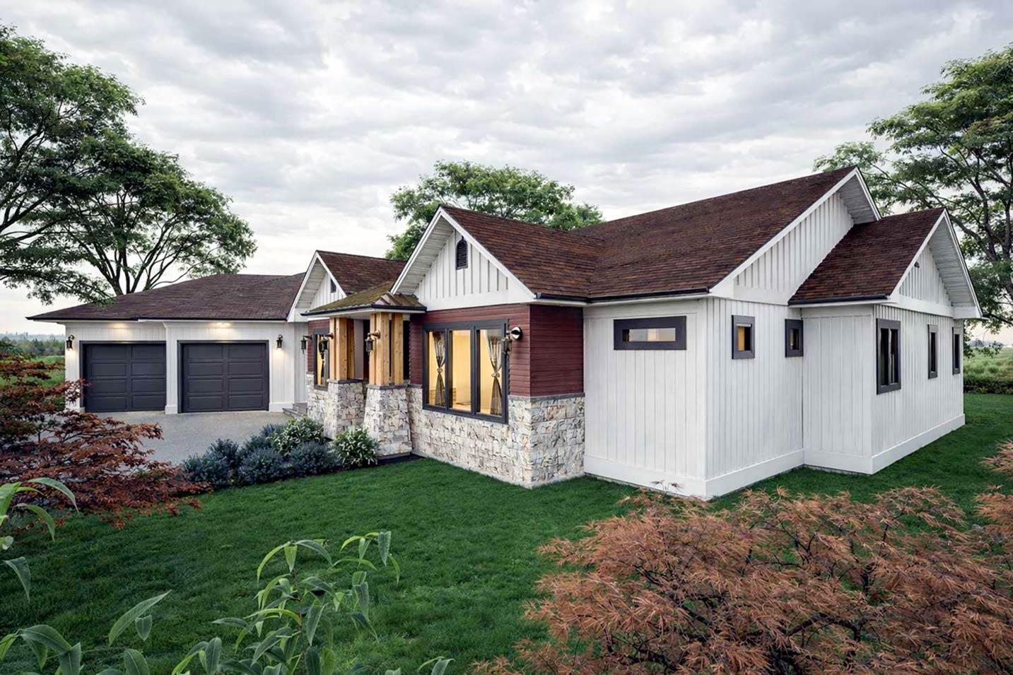 House plan exterior: Modern farmhouse style, one story, with stone accents, wood siding, gabled roof, and a three-car garage.