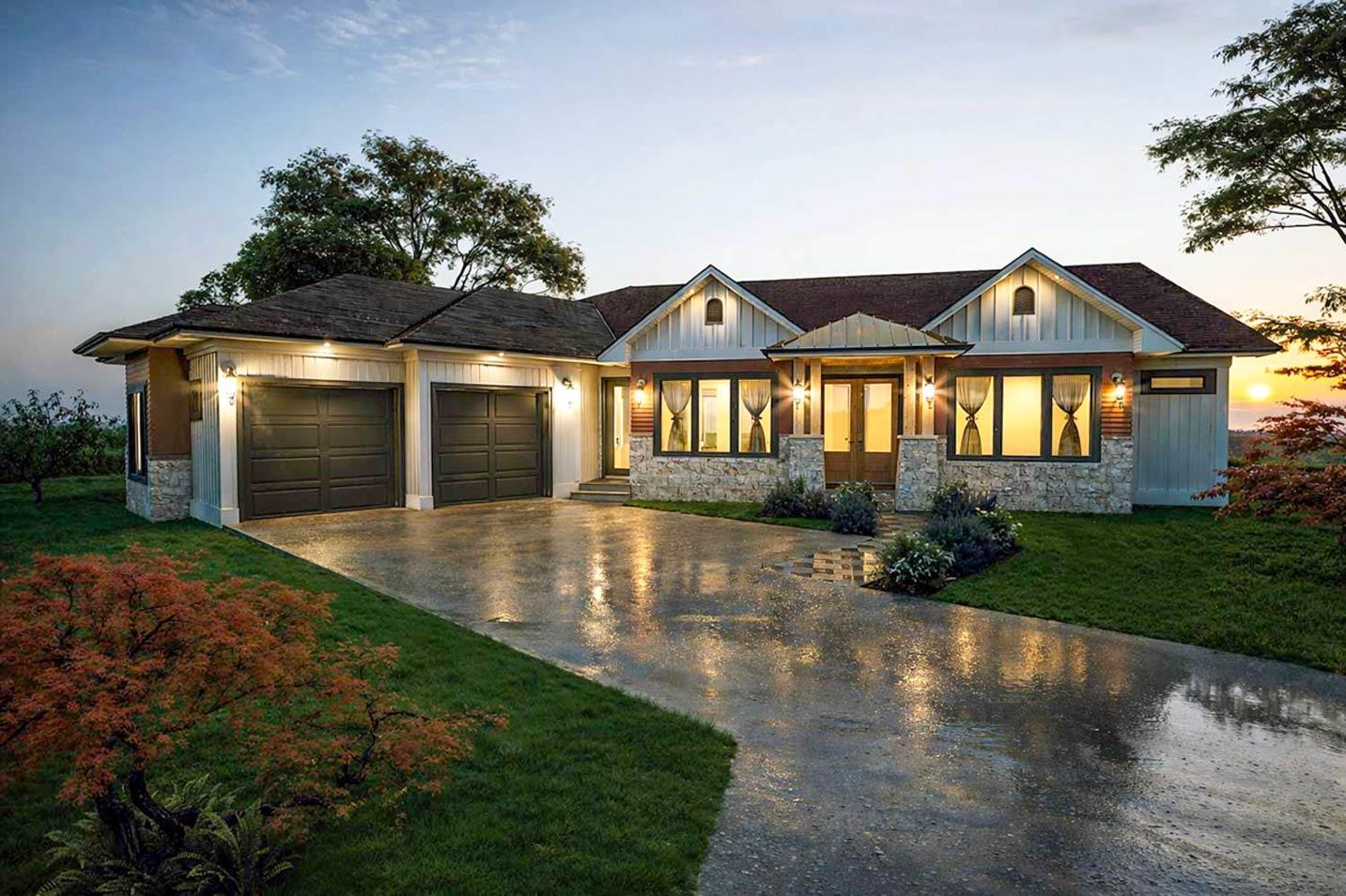 Modern Farmhouse style house plan exterior with a three-car garage, stone accents, and covered entry.