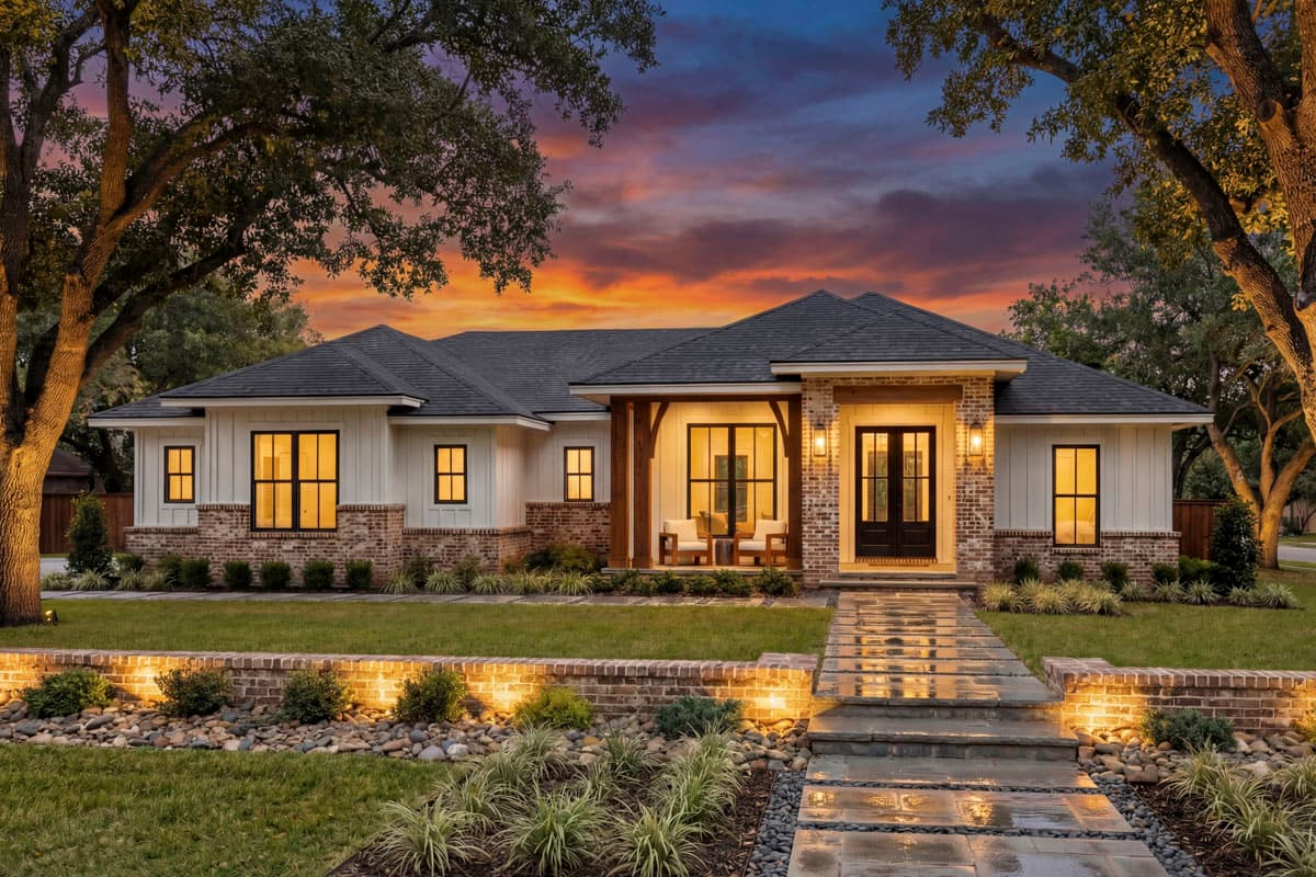 Modern Farmhouse style house plan exterior with white board and batten siding, brick accents, and covered entry with wooden beams.