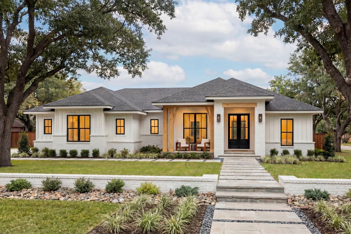 House plan exterior: Modern Ranch style, one story, with white brick, board and batten siding, covered porch, and dual entry doors.