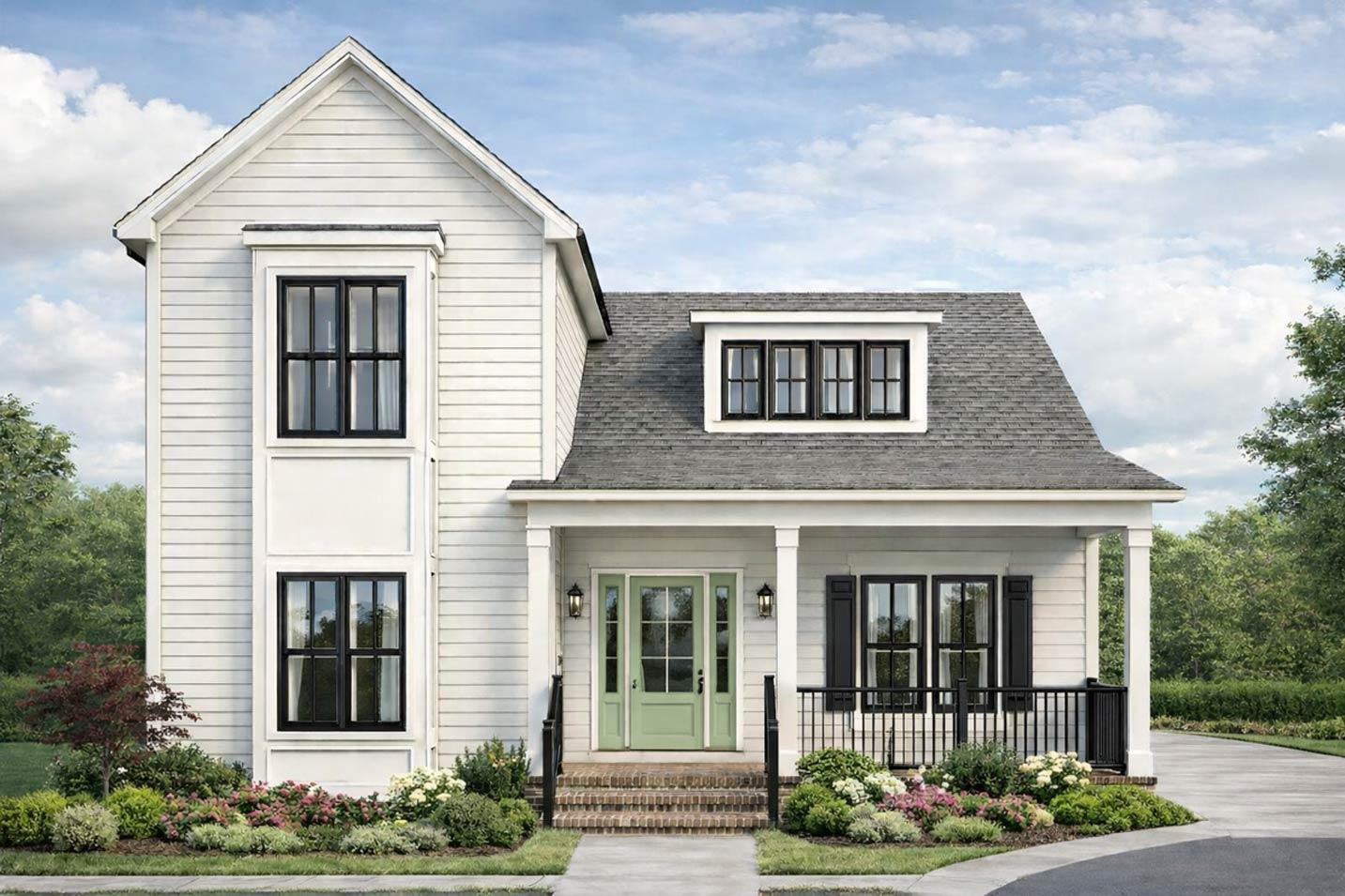 House plan exterior: Two-story Modern Farmhouse with front porch, gable, dormer, and multiple windows.