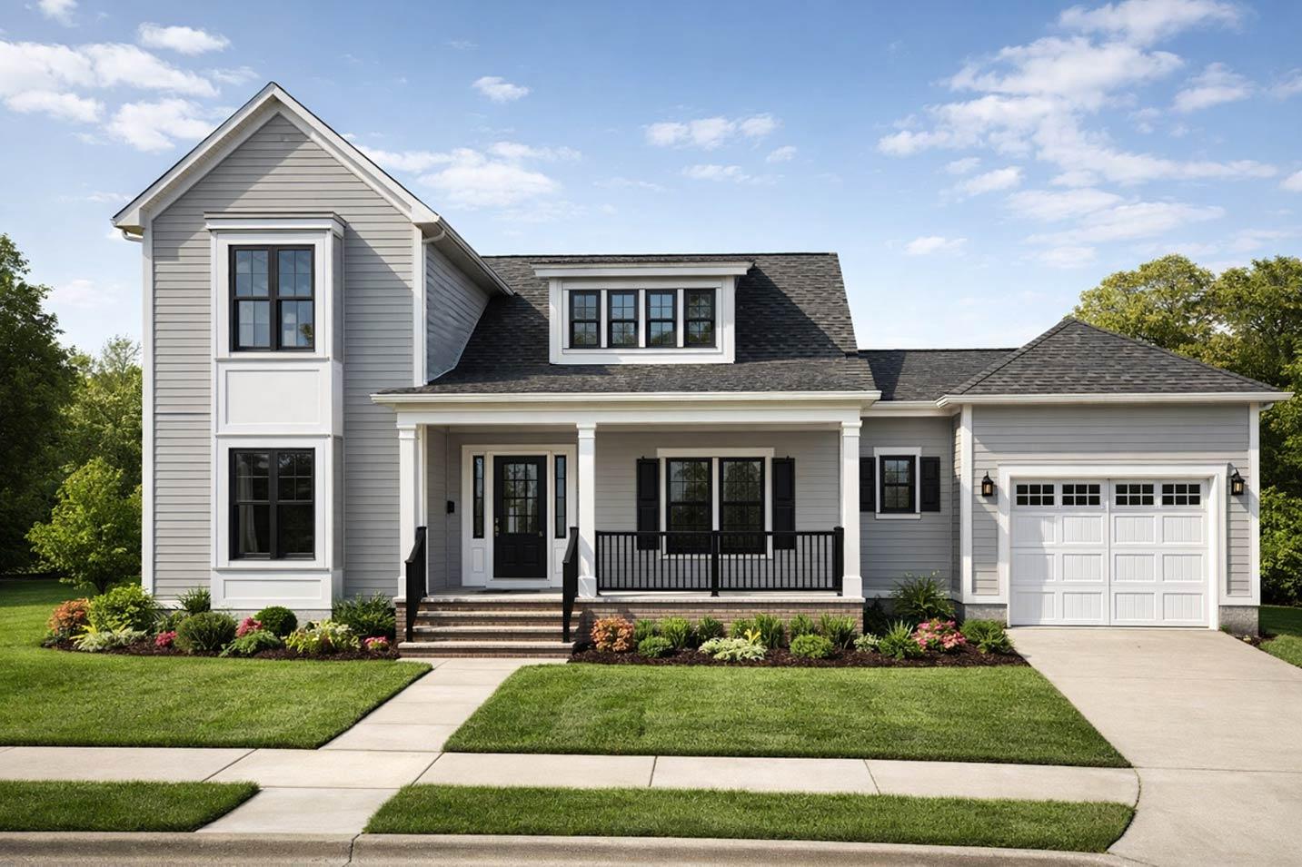 Two-story house plan exterior with a prominent front porch, gables, dormer window, and attached two-car garage.