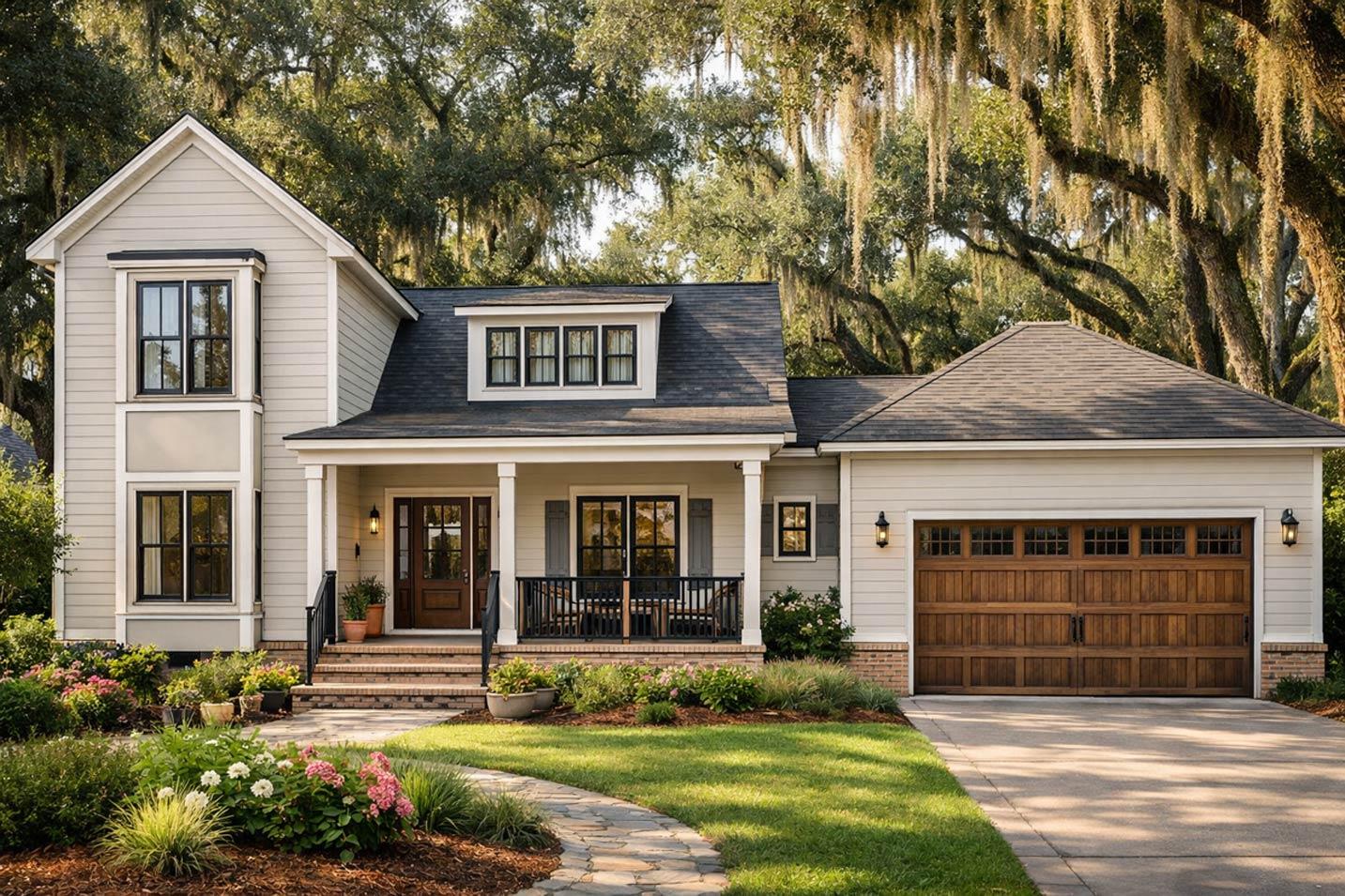 House plan exterior: two-story Modern Farmhouse with gabled dormer, covered front porch, and attached two-car garage.