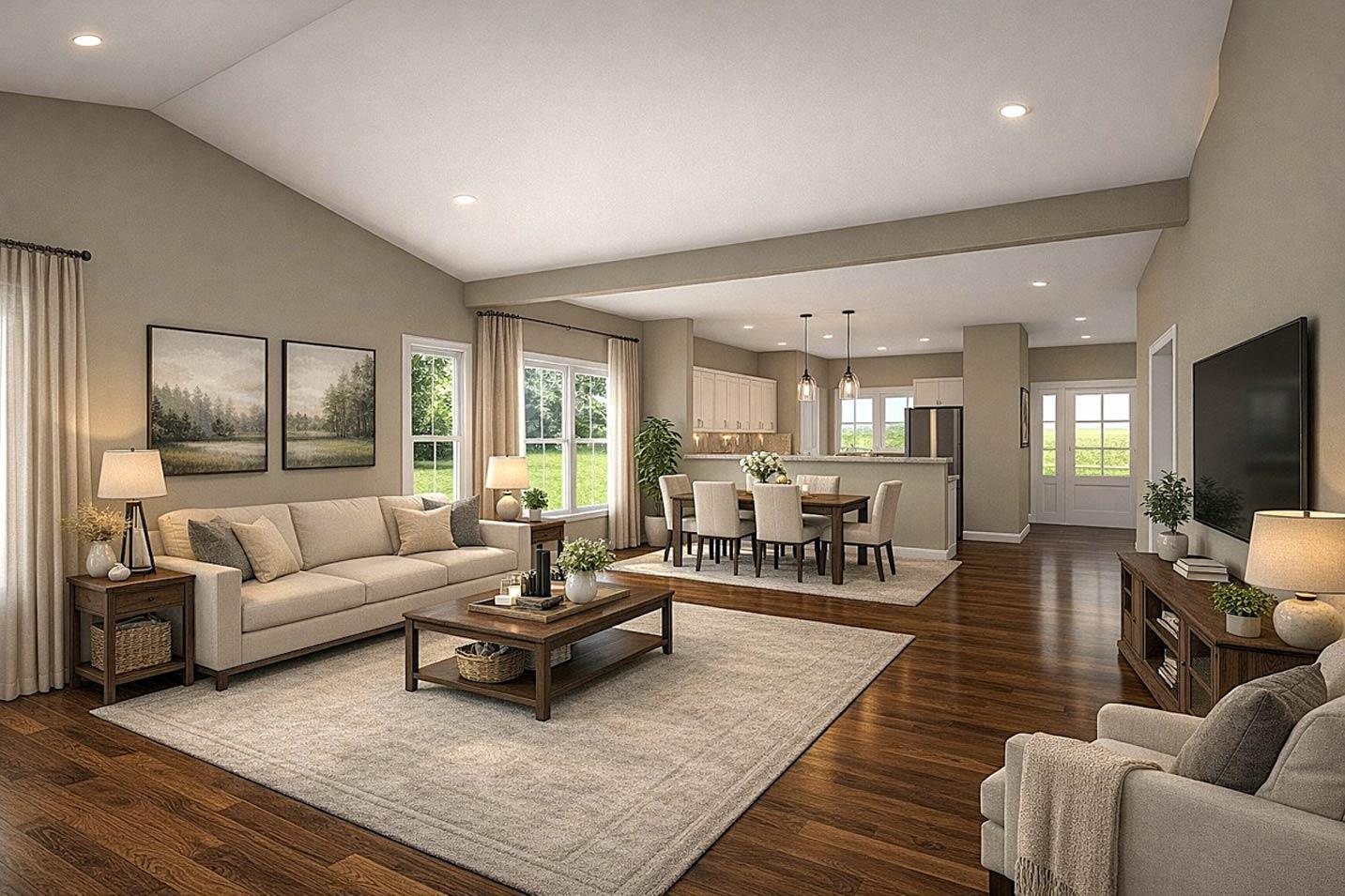 Open concept living area with vaulted ceiling, dining area, and kitchen with island. Features large windows and natural light.