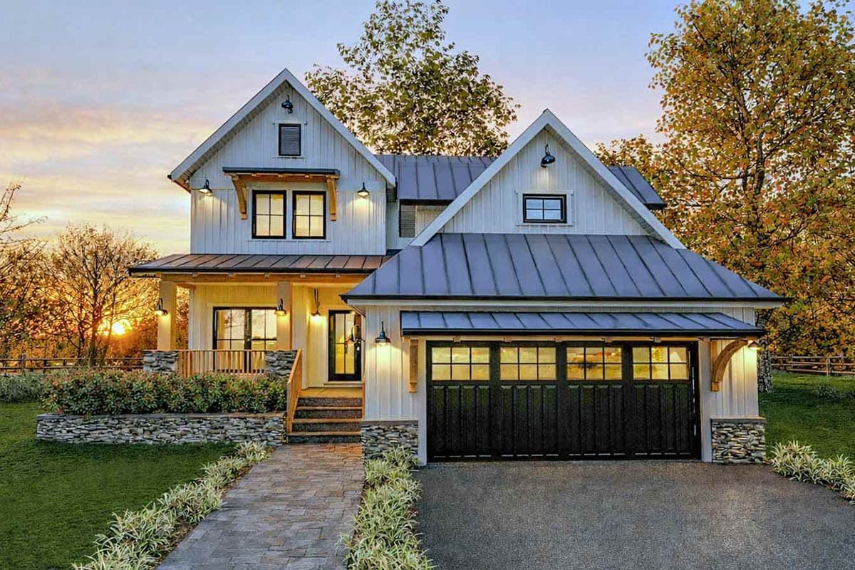 Modern Farmhouse house plan exterior with two stories, metal roof, gabled dormers, covered porch, and attached garage.