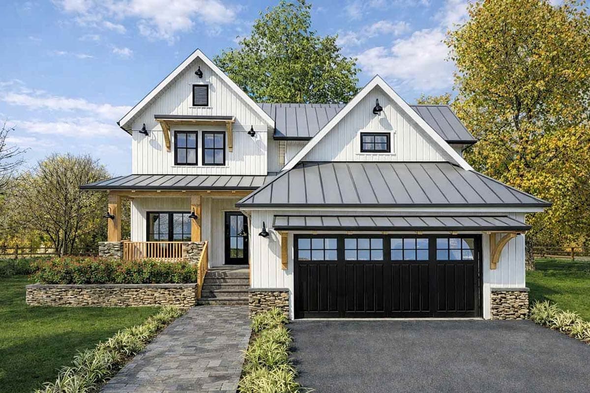 Modern Farmhouse house plan exterior with gables, standing seam metal roof, stone foundation, and side-entry garage.