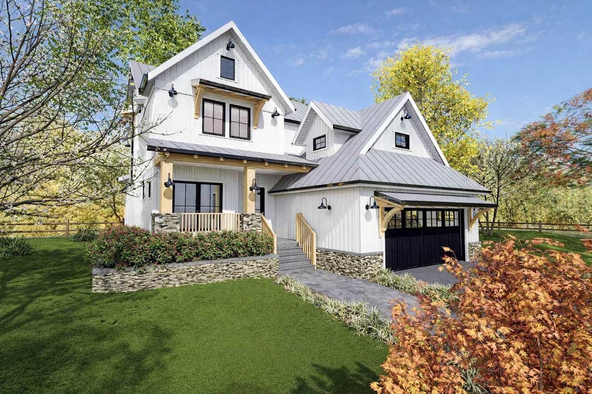 Modern farmhouse house plan exterior with white siding, gabled dormers, stone accents, and attached garage.