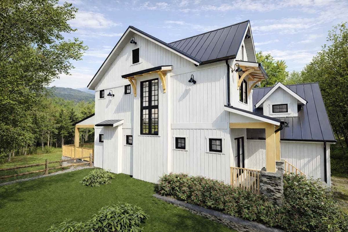 House plan exterior of a two-story Modern Farmhouse with vertical siding, dark metal roof, gables, and covered porch.